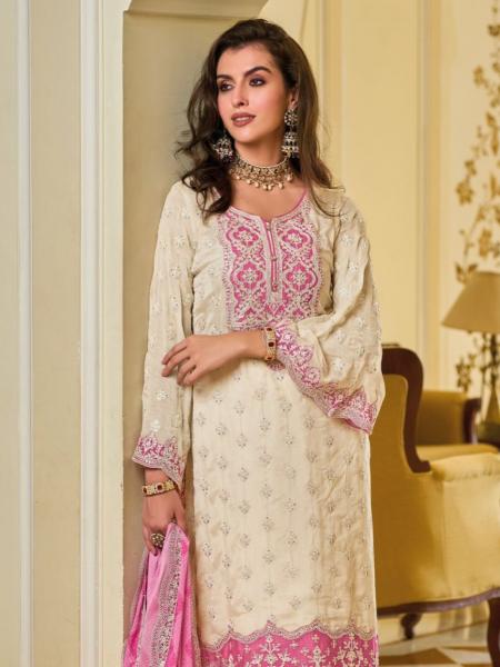 Off-White Pink Color Combination Heavy Chinon Embroidery Digital Print Dupatta Suit